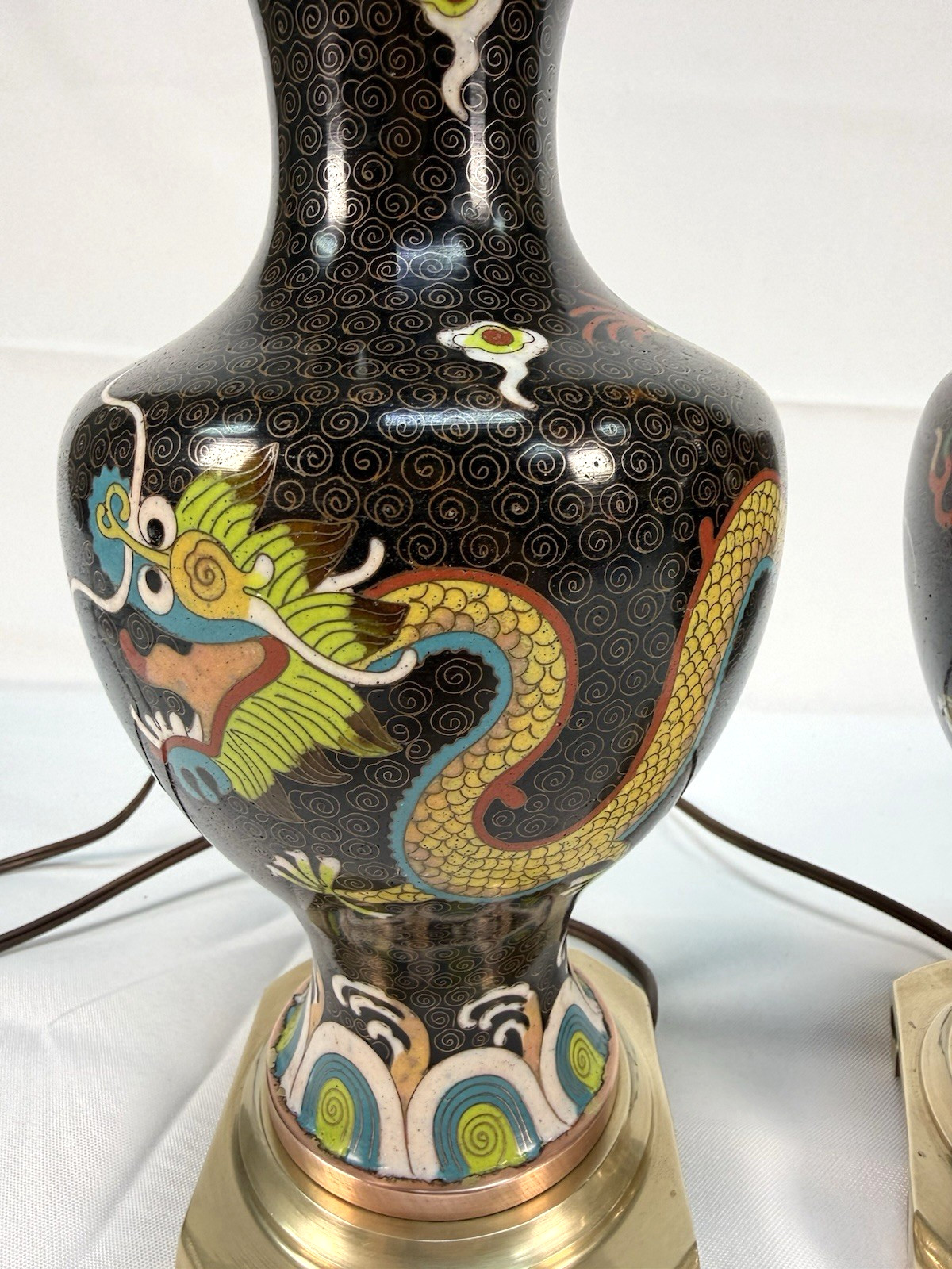 Pair VTG Chinese Cloisonné Dragon Lamps Black Enamel Imperial 5 Claw Brass 20″