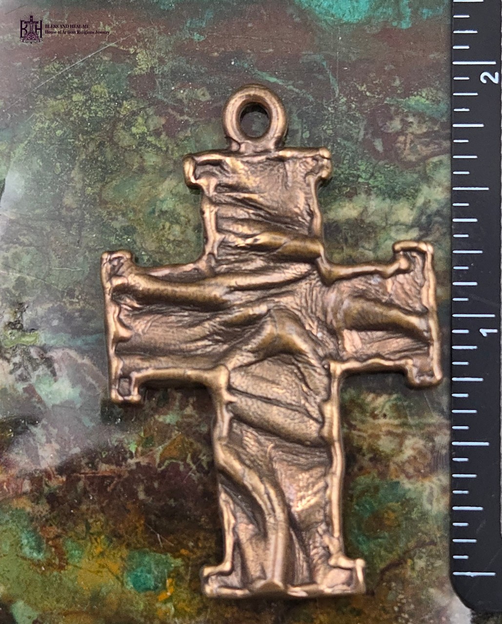 Solid Heritage Bronze Artisan Leather Texture Cross Pendant | Large | 2 inch
