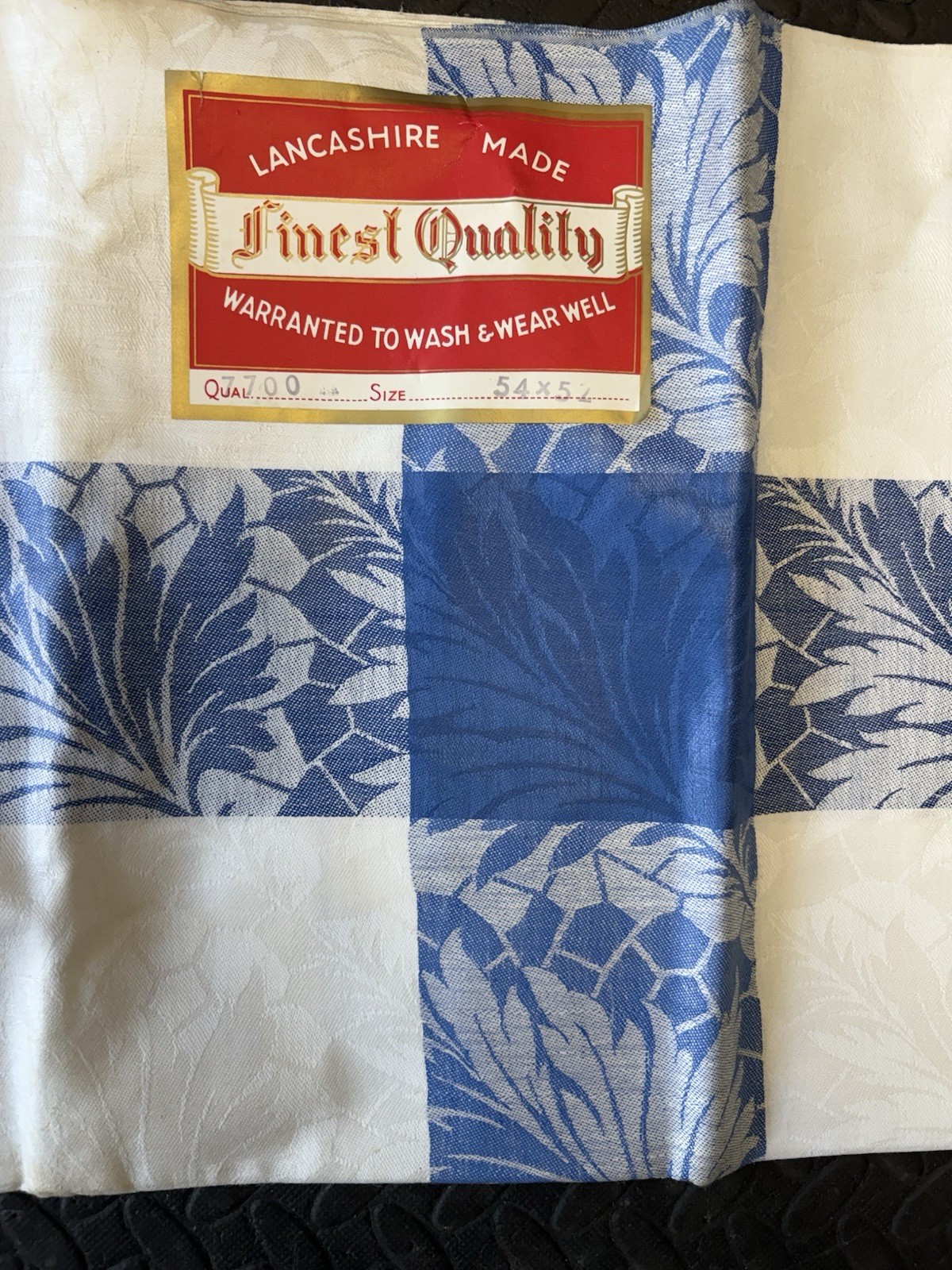 1960s Vintage Blue Damask Tablecloth 52x 54” New Leaf Pattern Christmas Banquet