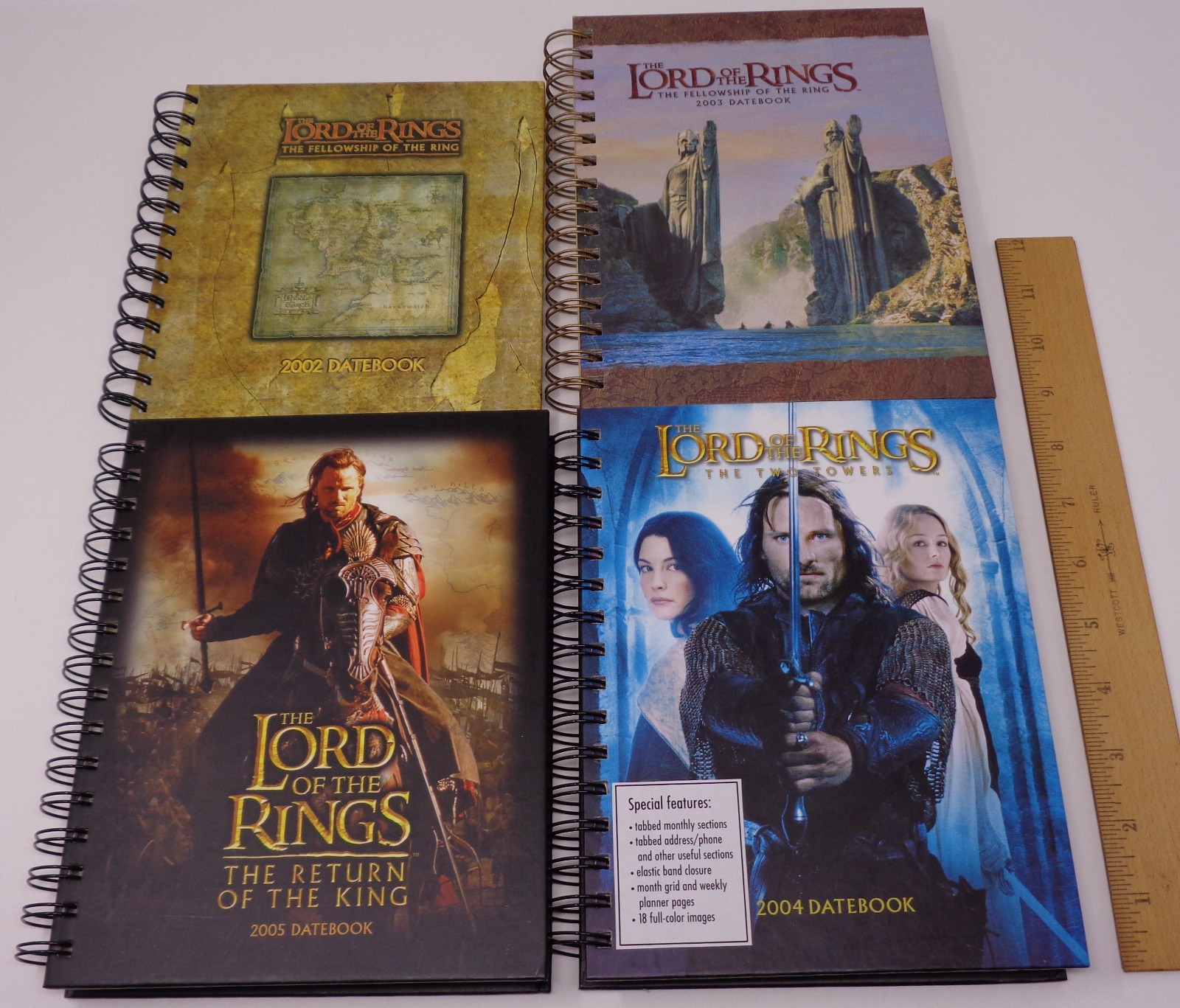 Lot of 4 new The Lord of the Rings spiral bound datebooks: 2002 to 2005