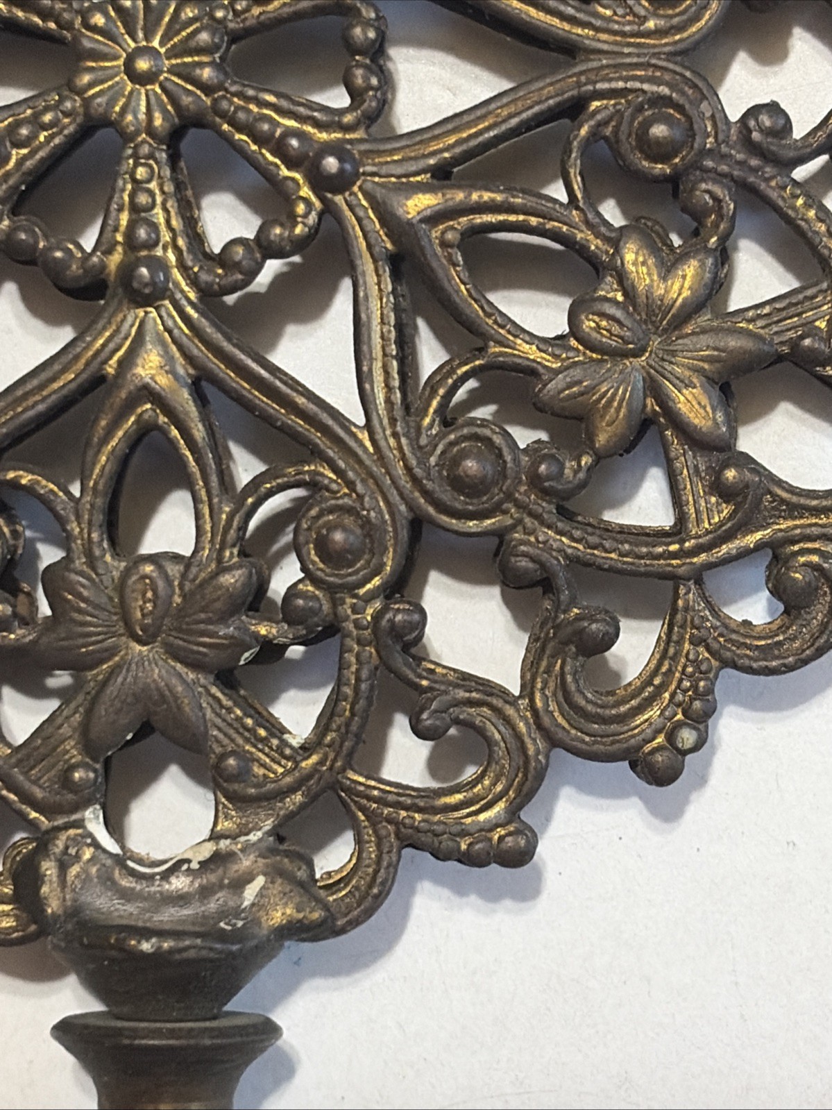 Vintage Brass Plated Filigree Lamp Finial Openwork Flower Victorian Revival Boho