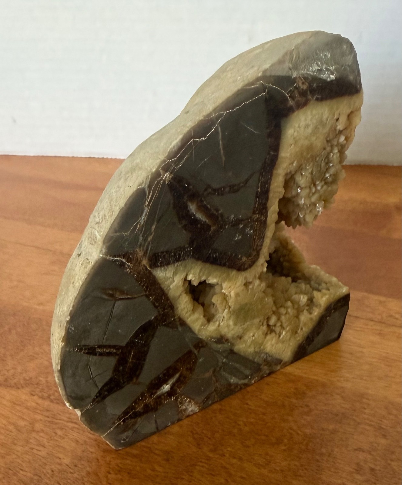 Septarian Geode. Pie Shape Cut. 3.5 Pounds. 4.5” x 5”