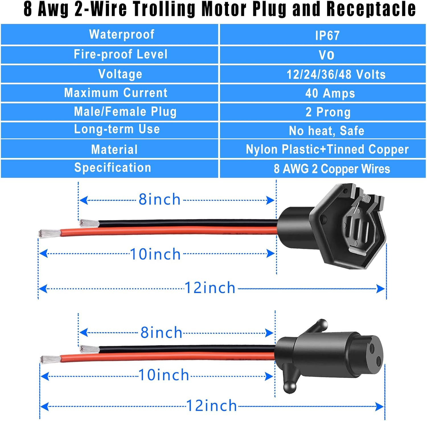 40A Waterproof Trolling Motor Plug & Receptacle Set for Minn Kota Marine Boats