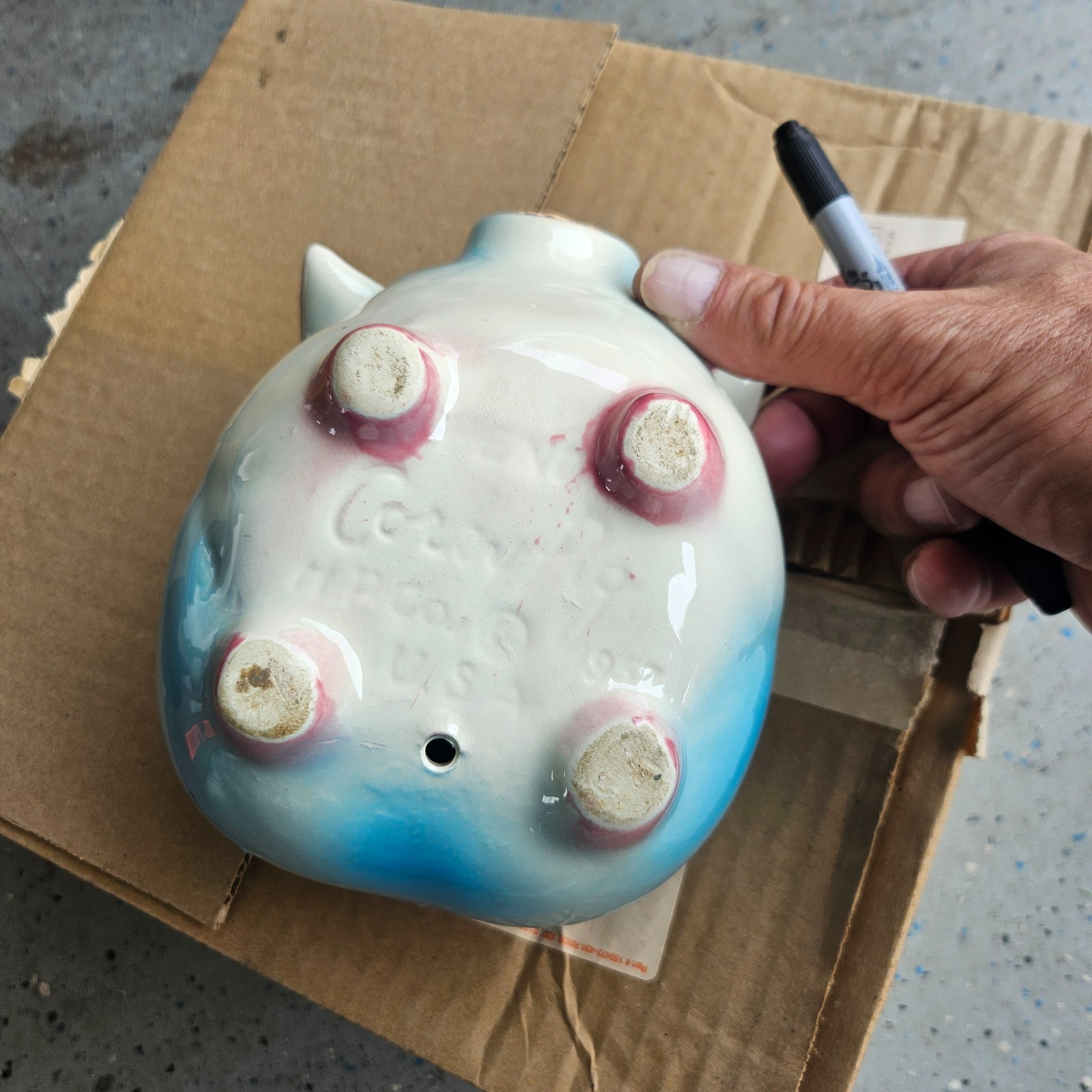 1957 HULL Pottery Corky Pig Bank Blue Pink White Ceramic Made in USA