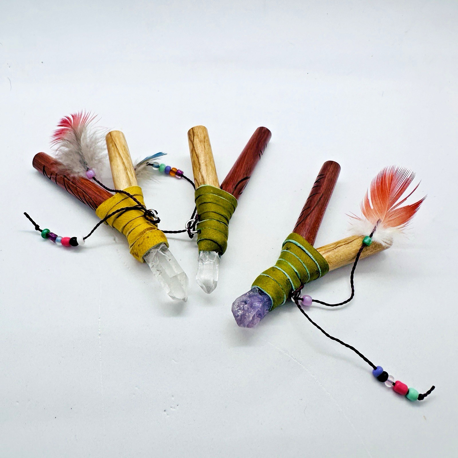 Kuripe Pipe with Feather, Leather and Quartz | Palo Santo Wood