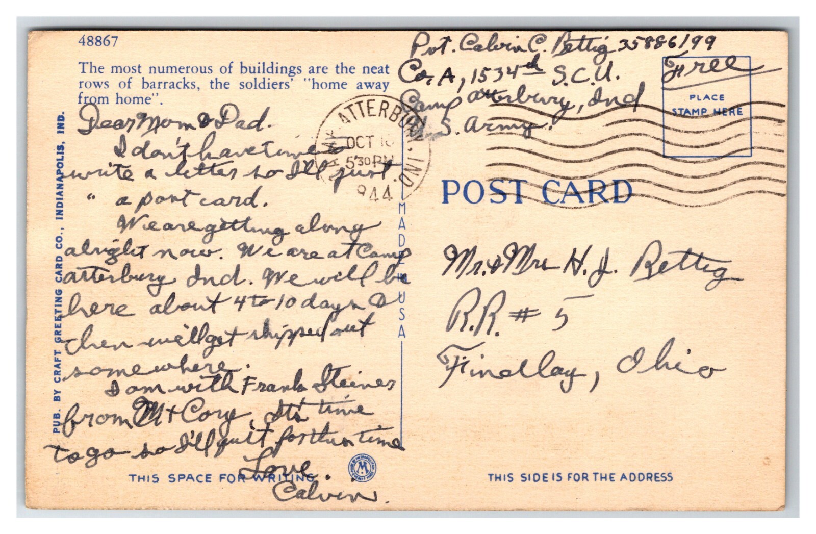 barracks Camp Atterbury Near Edinburgh Indiana IN UNP Linen Postcard O24