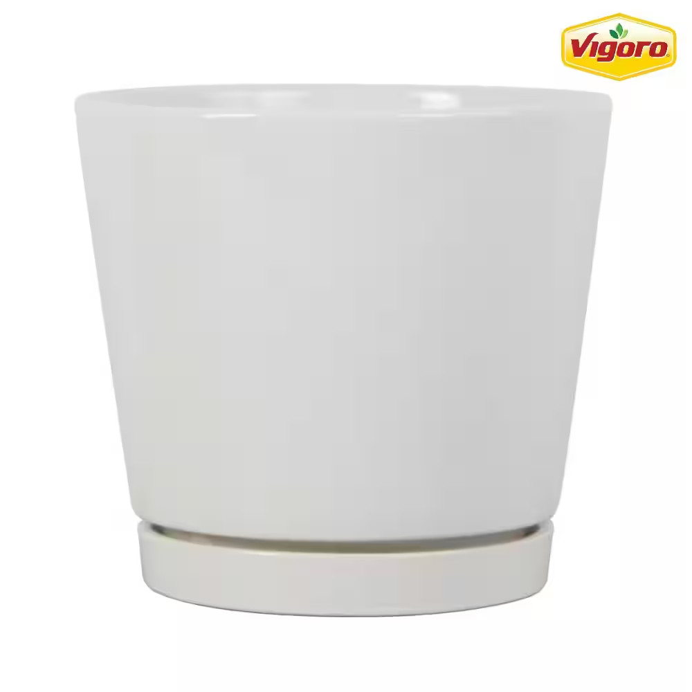 Piedmont Medium White Ceramic Planter Handcrafted with Attached Saucer