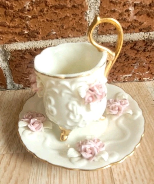 Cracker Barrell Porcelian- Two Piece Cream & Pink Tea Set