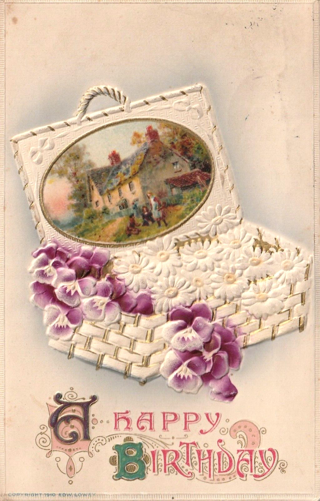 HAPPY BIRTHDAY POSTCARD Basket of Daisies & Violets Country Cottage Antique 1913