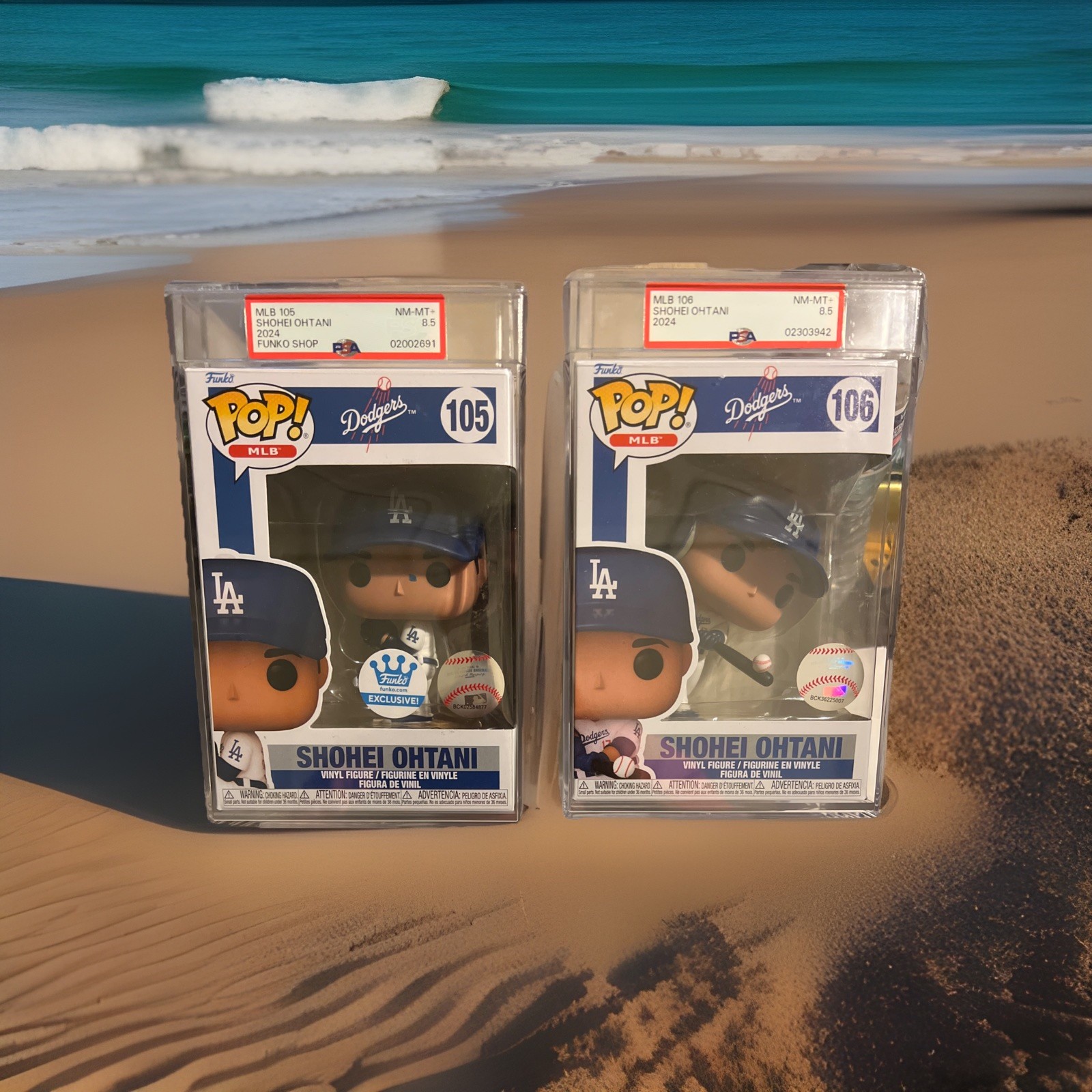 Shohei Ohtani LA Dodger Funko Pop MLB 105-106 Both PSA Incased Grade 8.5 NM-Mint