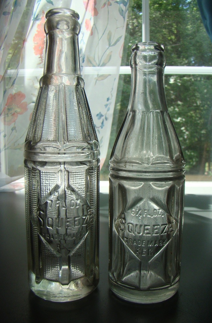 Vintage Pair of SQUEEZE 6-1/2 & 7 OZ 1920’s Art Deco Soda Bottle Variants