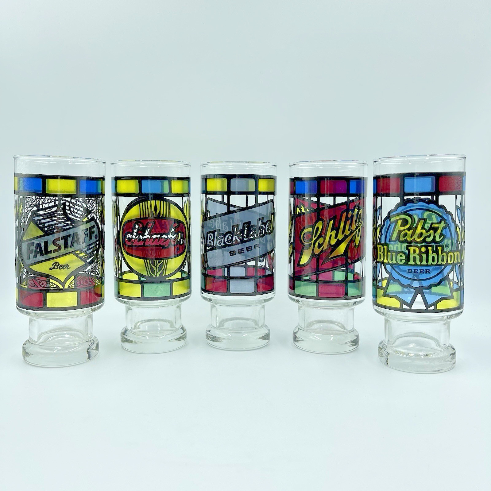 1970s Anchor Hocking Stained Glass Footed Beer Glasses Set of 5 Vintage Barware