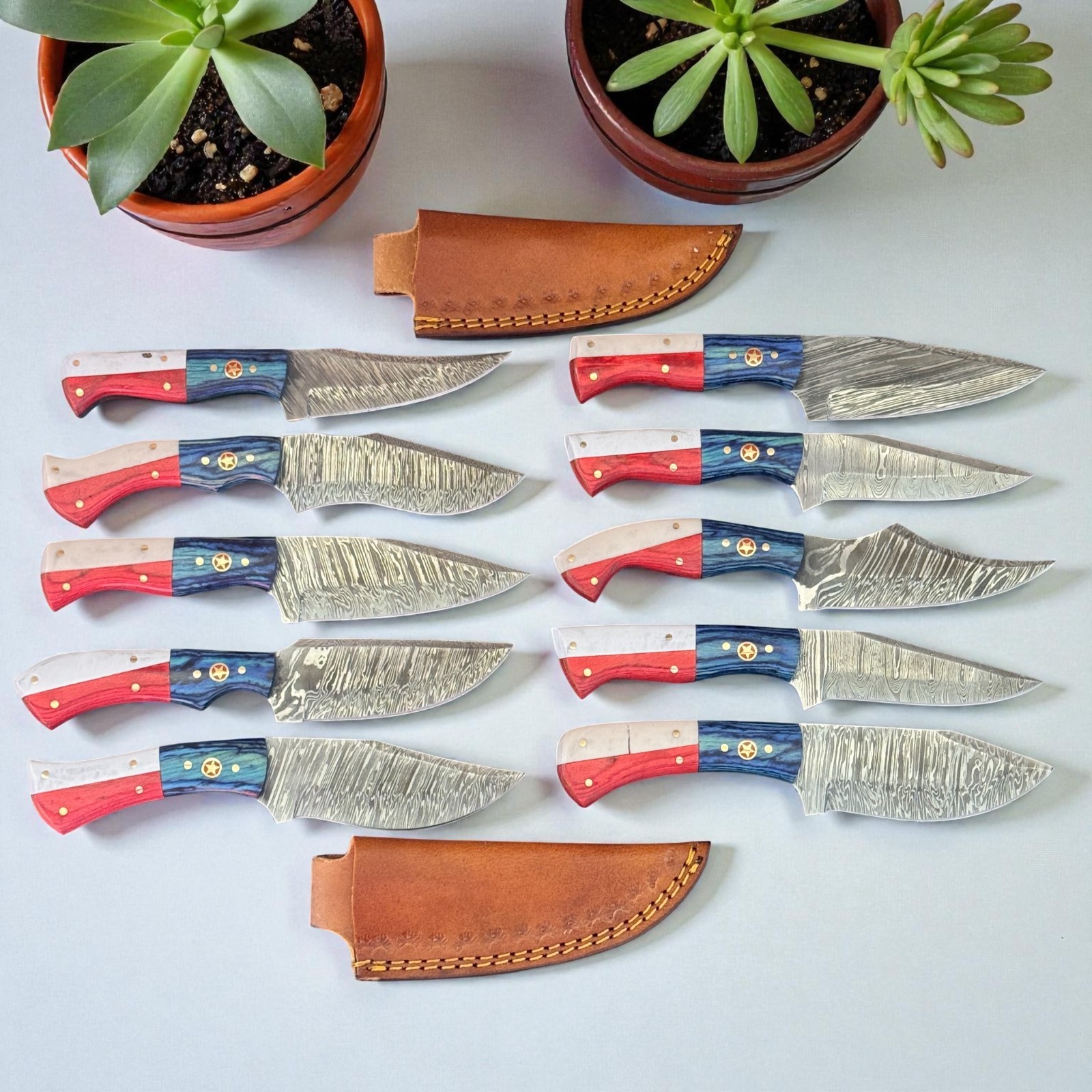Hunting Knives | Lot of 10 | Damascus Steel | Pakka Wood | Flag Handle | D1034