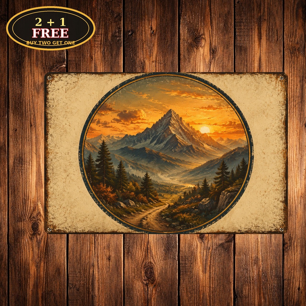 Sunset Mountain Landscape Painting Metal Sign Retro Wilderness Cabin Wall Decor