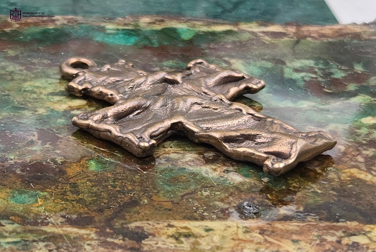Solid Heritage Bronze Artisan Leather Texture Cross Pendant | Large | 2 inch
