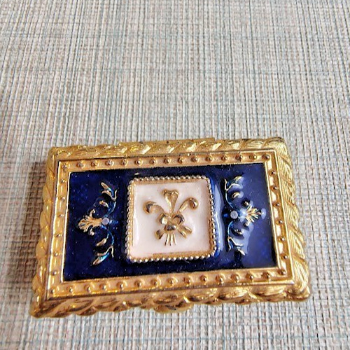 Fleur de Lis Oblong Enamel Gold Solid Perfume Compact Vintage Vanity Case