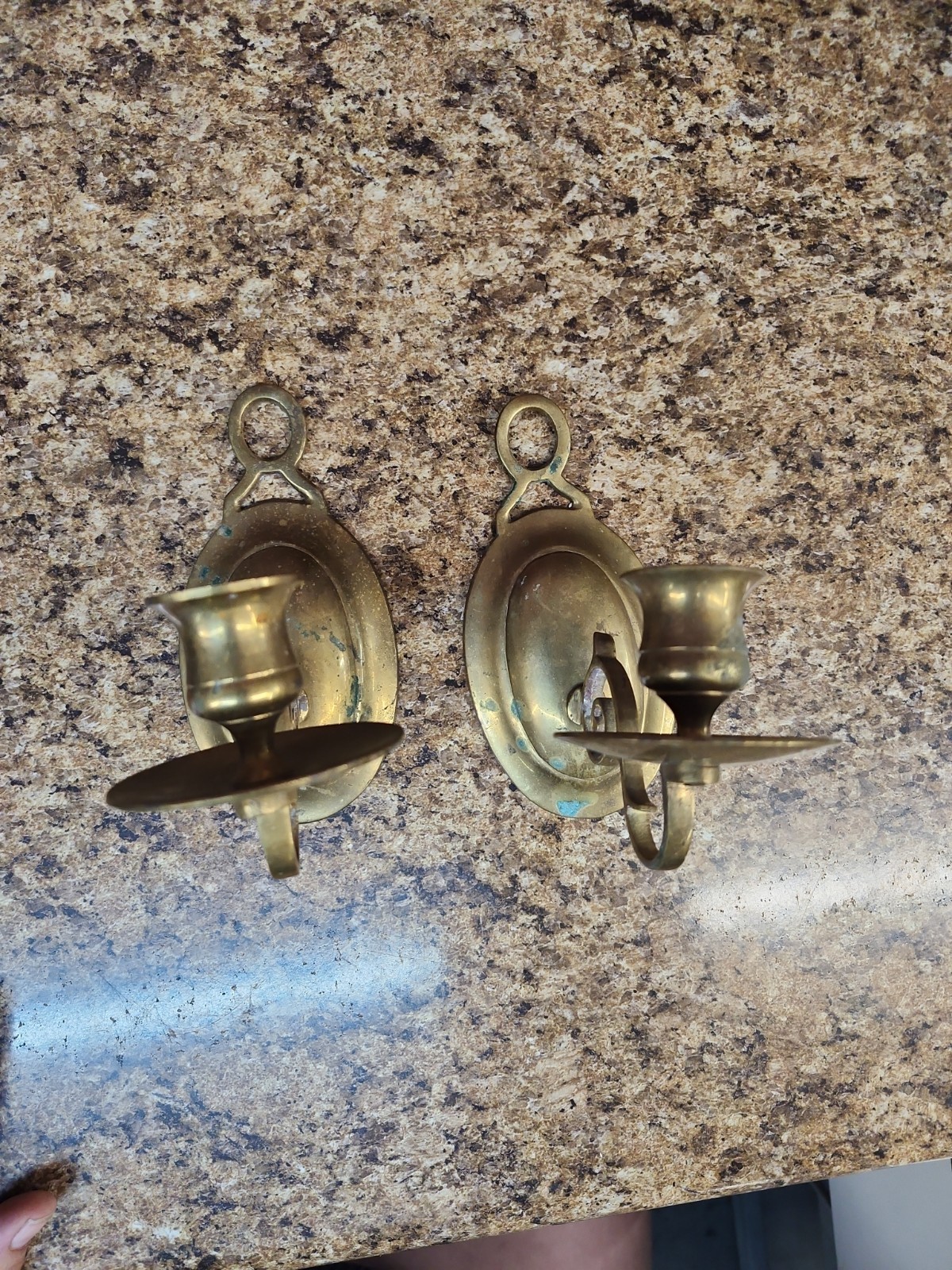 VTG Pair MCM Brass Candlestick Wall Sconces • 6.25” Flush Mount Some Patina