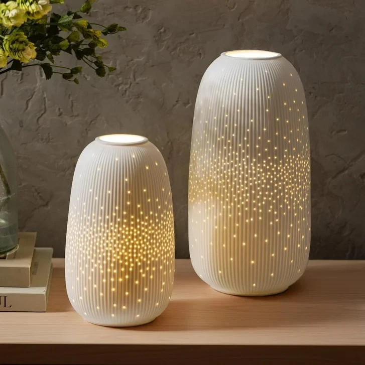 Set of 2 Evergreen LED Porcelain Lantern – Decorative Handmade Porcelain Lantern