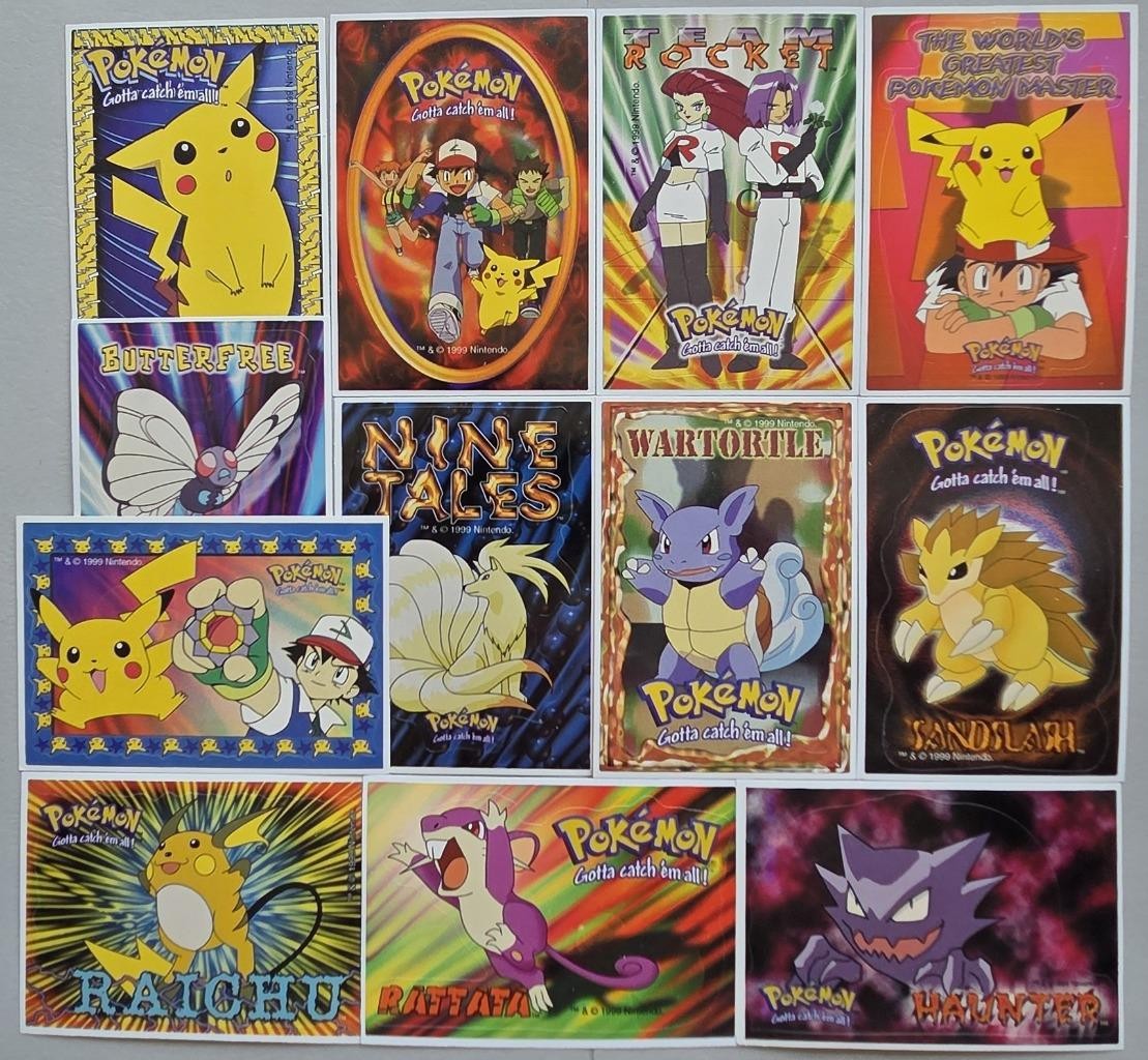 12 VTG Die Cut 1999 Nintendo Pokemon Vending Machine Stickers, Ash, Pikachu, NOS