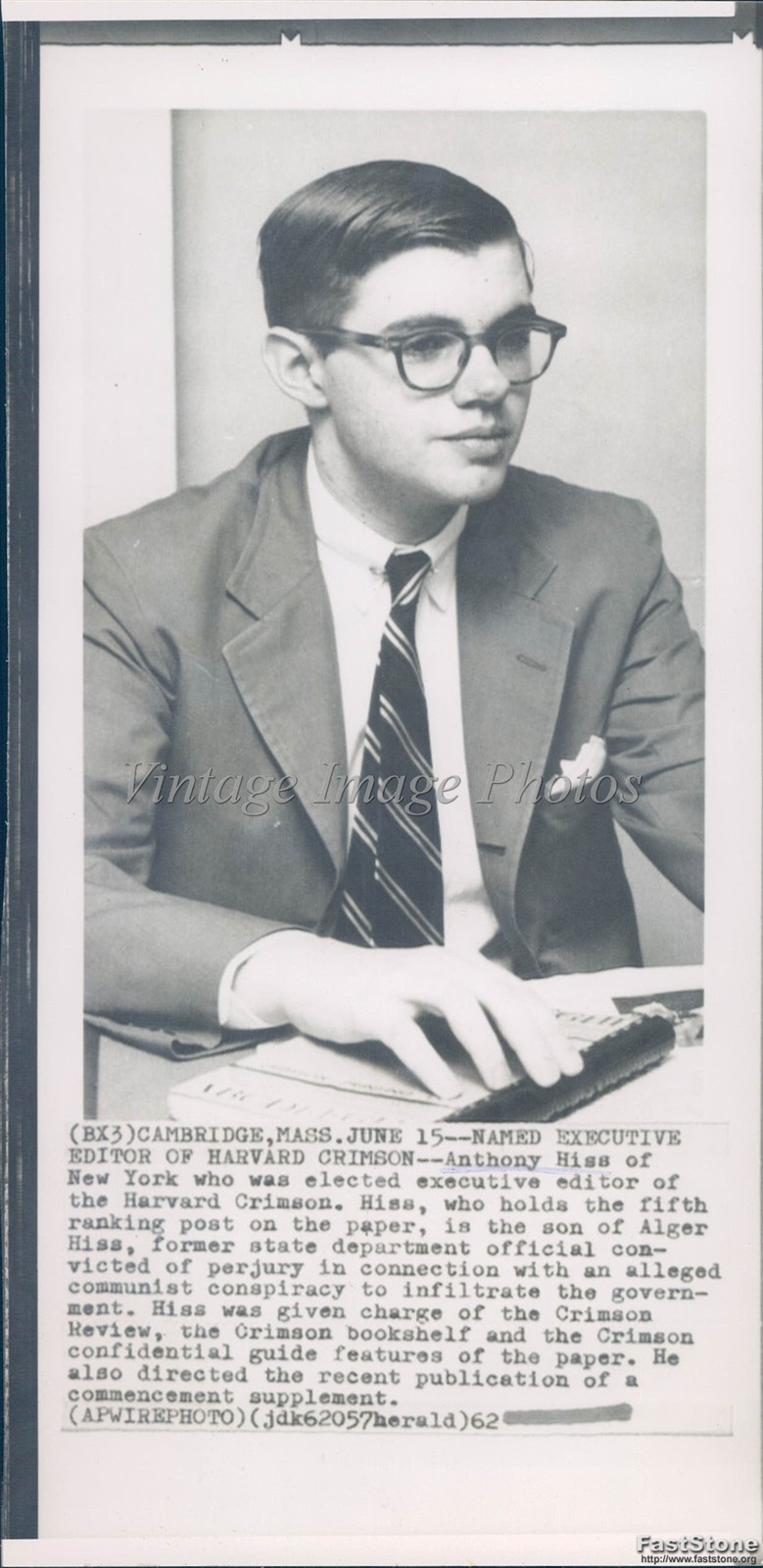 Cambridge Massachusetts Anthony Hiss Harvard Crimson Editor Wirephoto 4X8