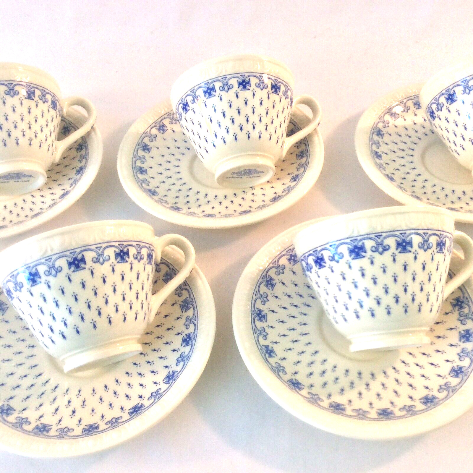 COPELAND SPODE SPODES ERMINE BLUE SET 5 COFFEE TEACUP CUPS SAUCERS HUGS&KISSES