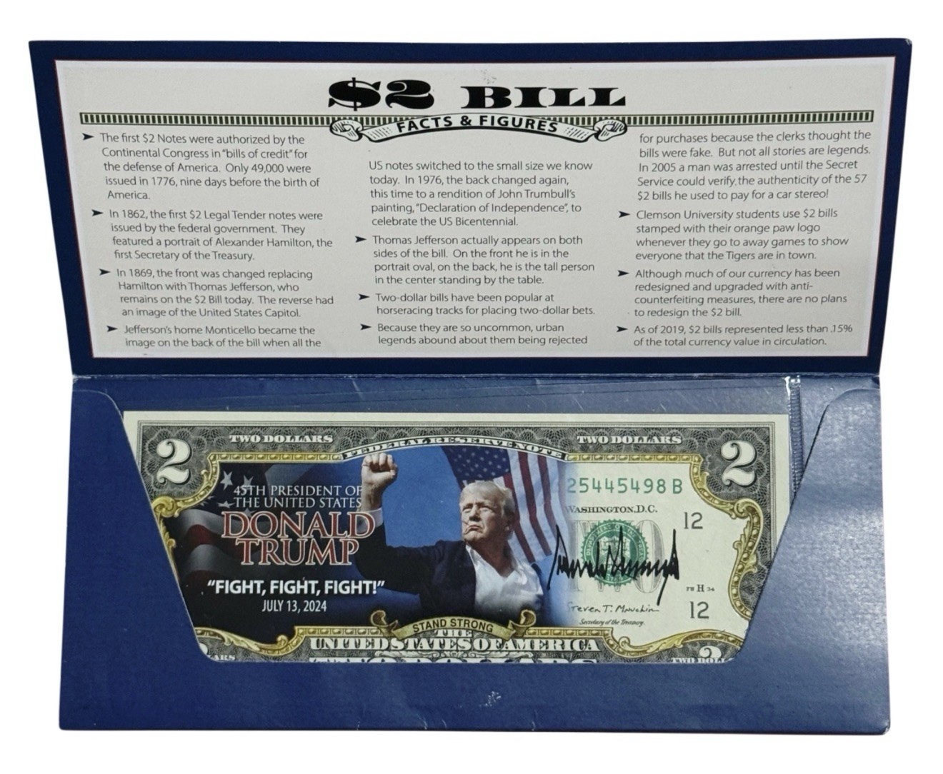 Donald Trump “Fight Fight Fight” Colorized $2 Bill COA Folio Uncirculated ~ NEW