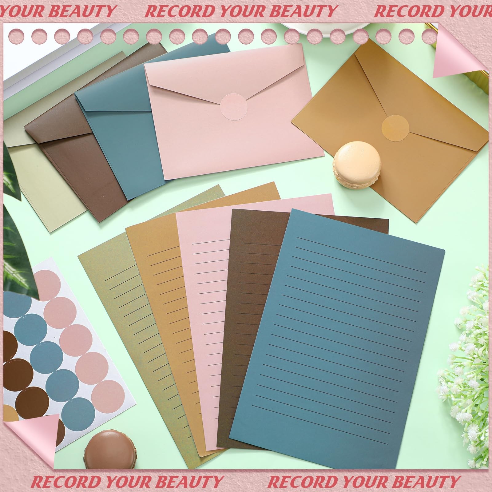 100 PCS Morandi Lined Stationery Paper Envelopes Set 5.5×8.25 Inch Office