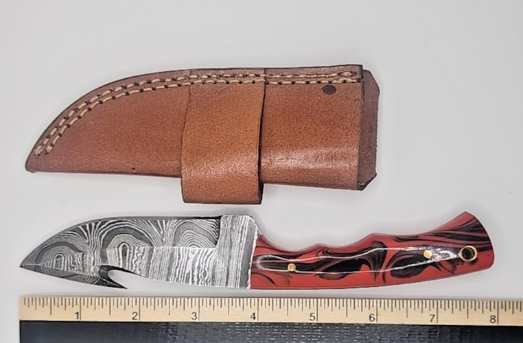 Custom Handmade Damascus Gut Hook Knife Red Black Resin Handle w/ Leather Sheath