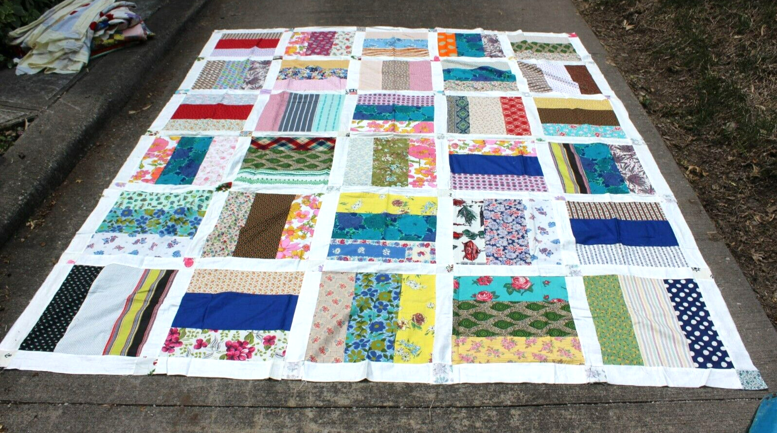 Vintage MCM Quilt Top Handmade 81.5 by 95.5″ Rectangles in Squares Patchwork