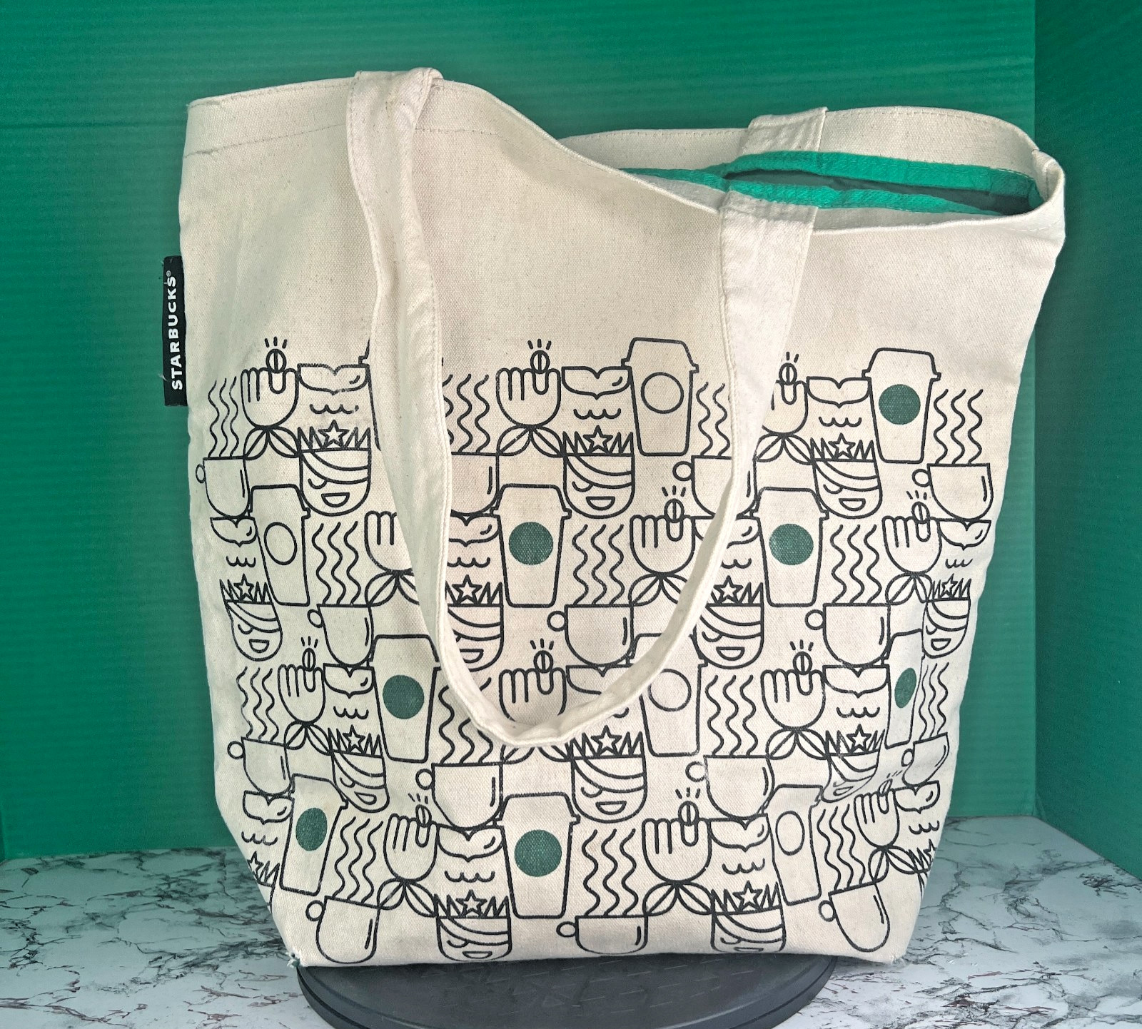 Starbucks Canvas Tote Bag Coffee Cup Siren Print Green Rubber Lined EUC