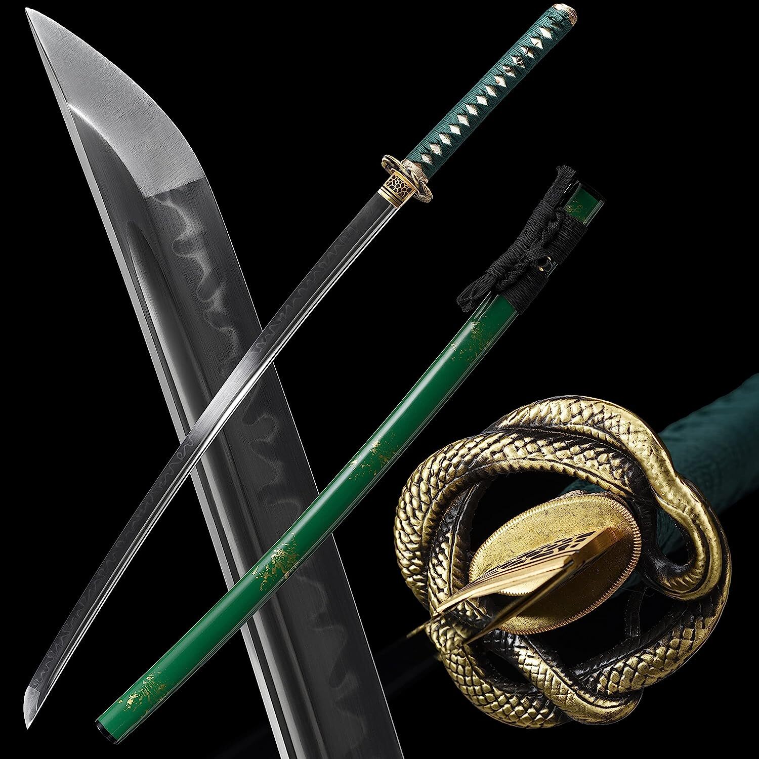 Japanese Samurai Sword Katana T10 Clay Tempered Steel Razor Sharp Green Saya