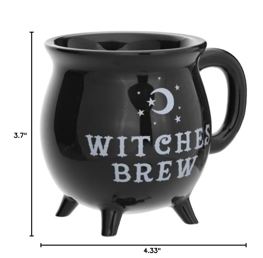 (4) Witches Brew Cauldron Mugs – Black Stoneware Coffee Tea Cup Witchy Gift