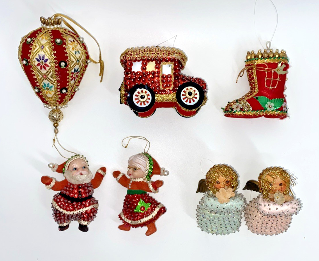 VTG Push Pin Ornaments Christmas MCM Satin Beaded Sequin Handcrafted Lot of 7