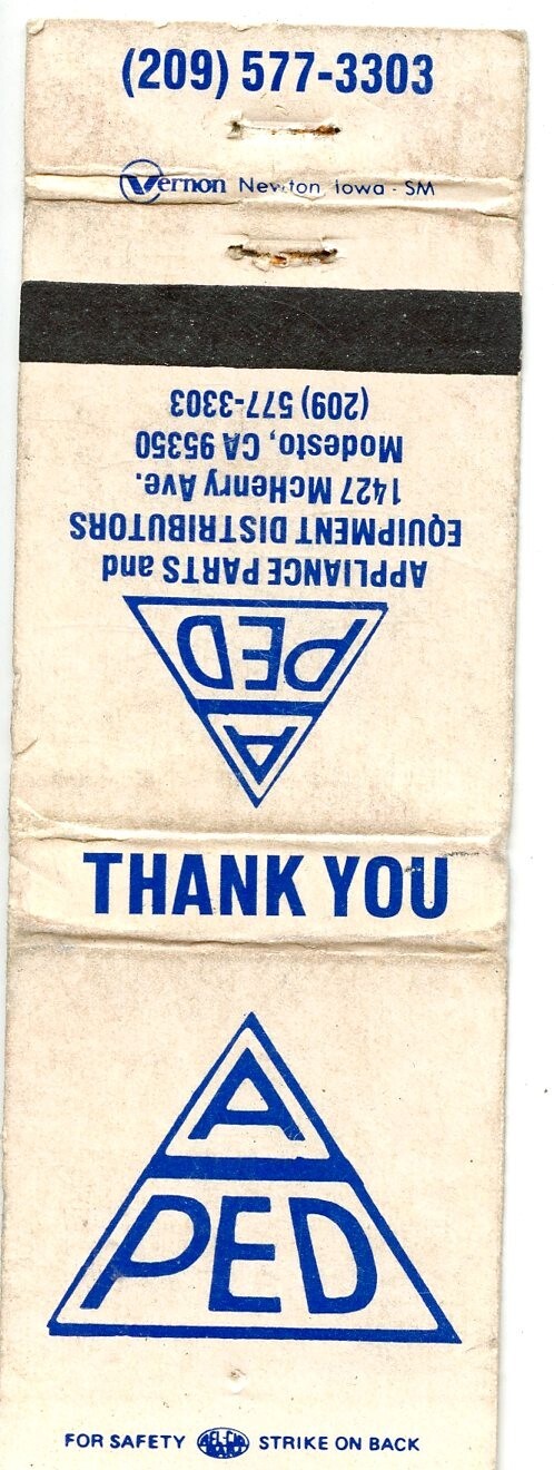 Appliance Parts and Equipment Distributors, Modesto, California Matchbook
