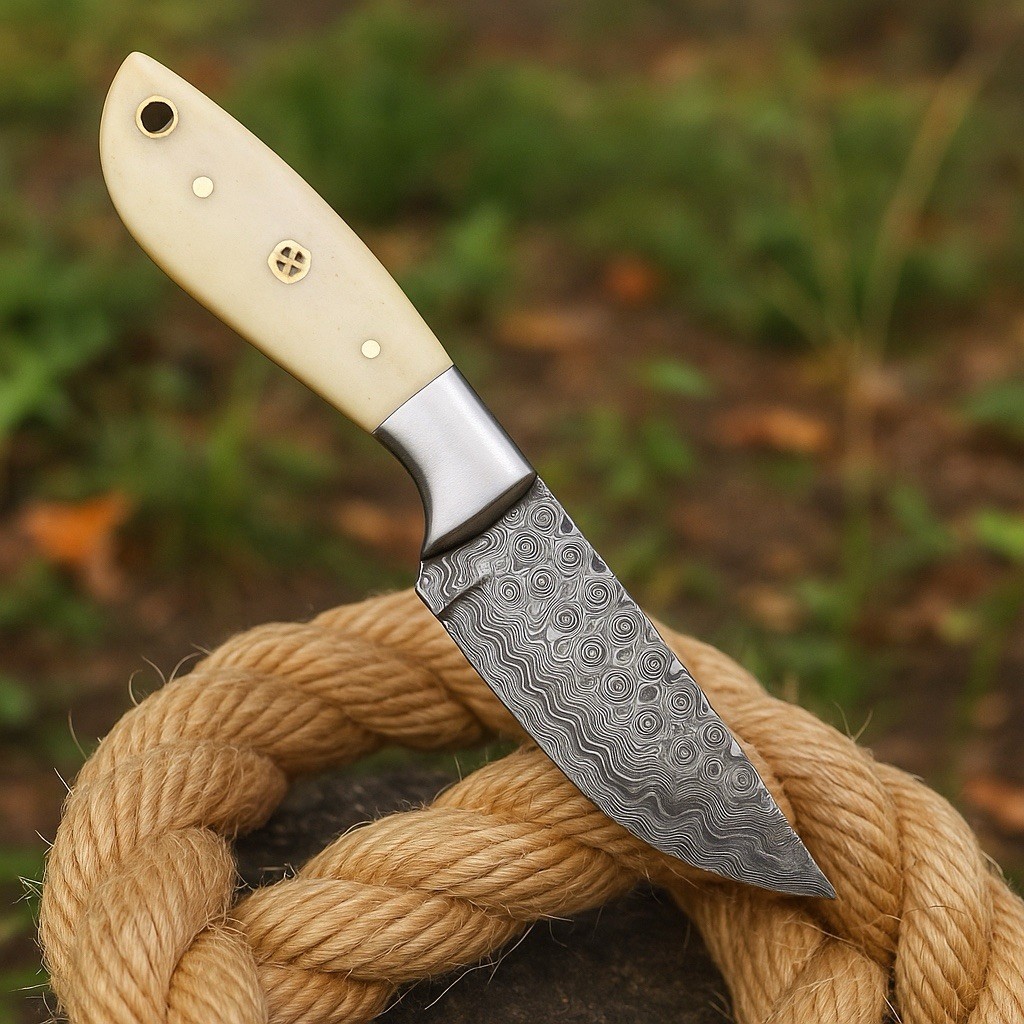 Hunter Handmade Damascus Steel Fix Blade Skinning Knife Camel Bone Handle