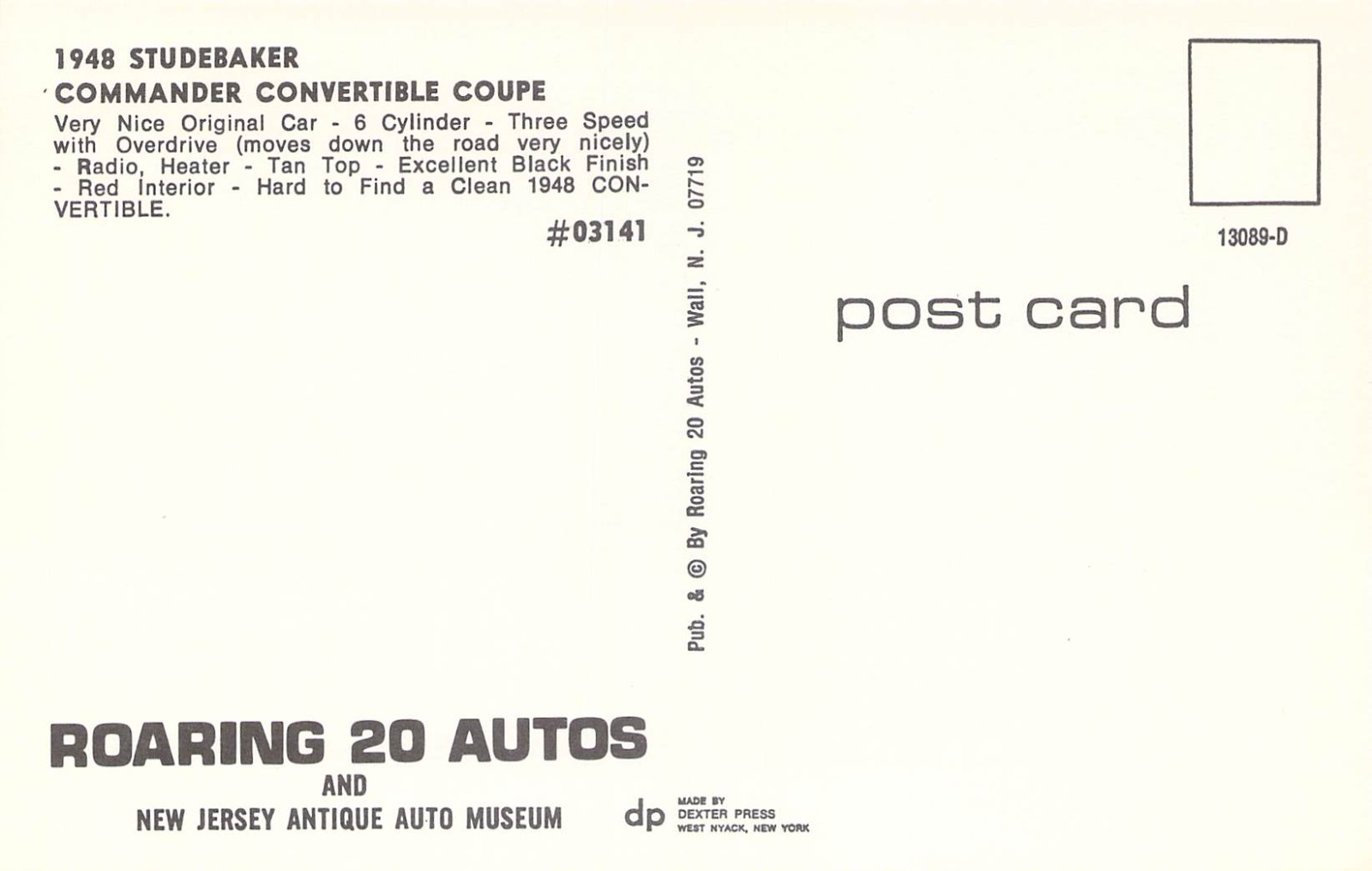1948 Studebaker Convertible Coupe NJ Wall Roaring 20 Auto Postcard K14