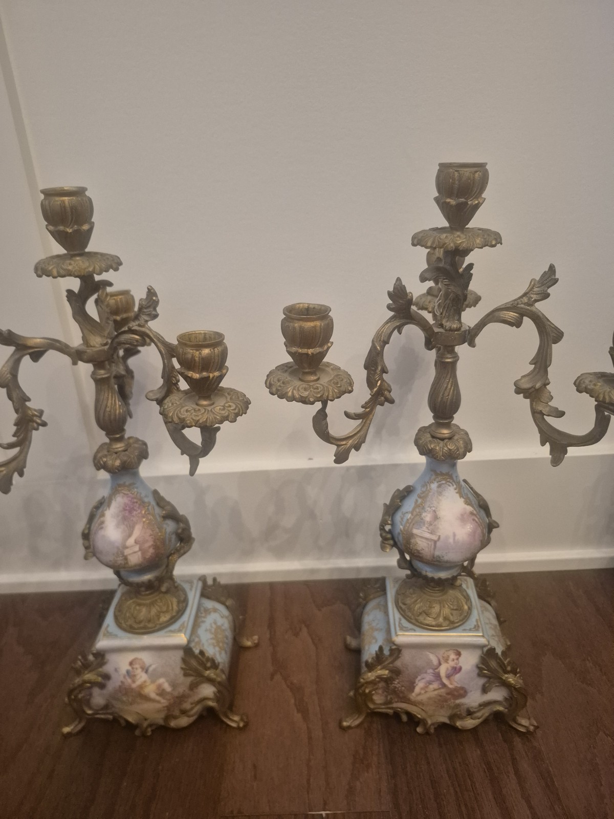 Set 2 French Gilt Bronze Porcelain Candlestick Candelabra Louis XVI Sevres Style