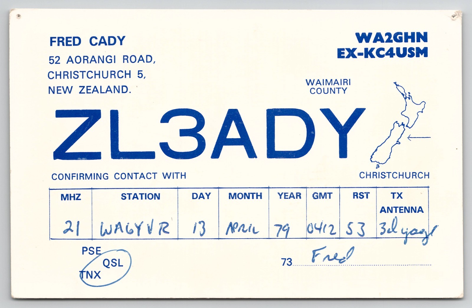 Christchurch 5, New Zealand – Waimairi County – Written On Unposted QSL POSTCARD