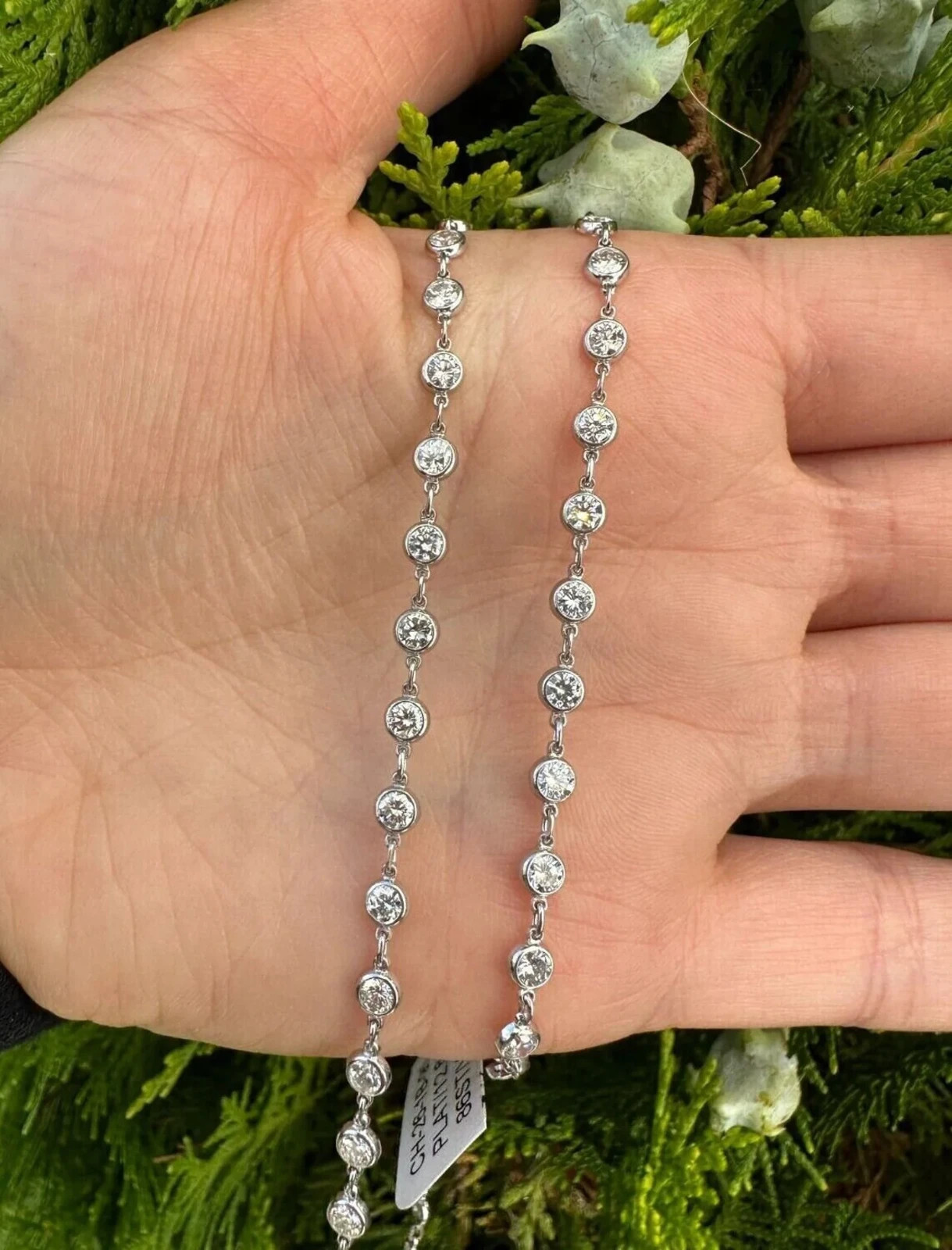 14K White Gold Over 3mm Round Cut White Diamonds By The Yard 20″Station Necklace