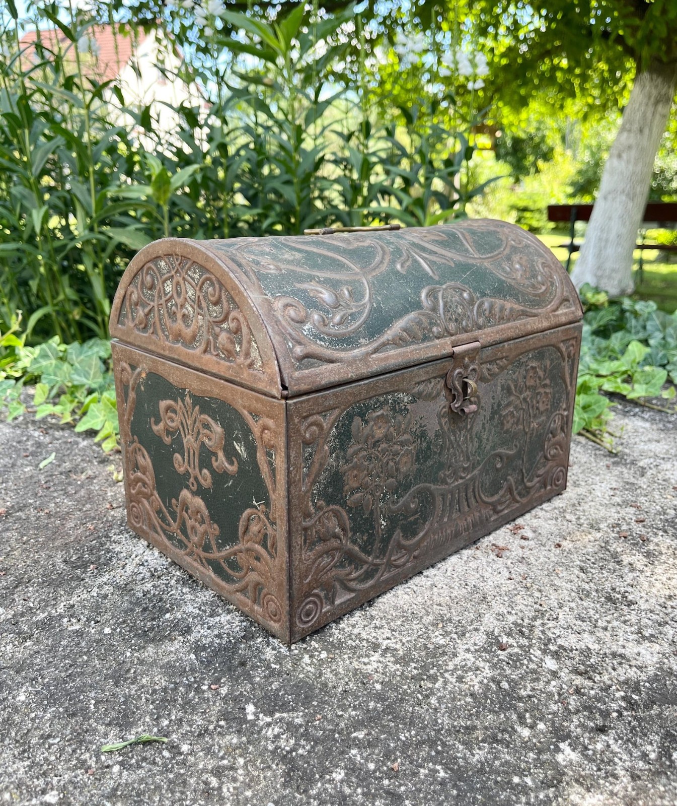 Antique French Art Nouveau Tin Casket Chest Old Vintage c.1900 Jewelry Box