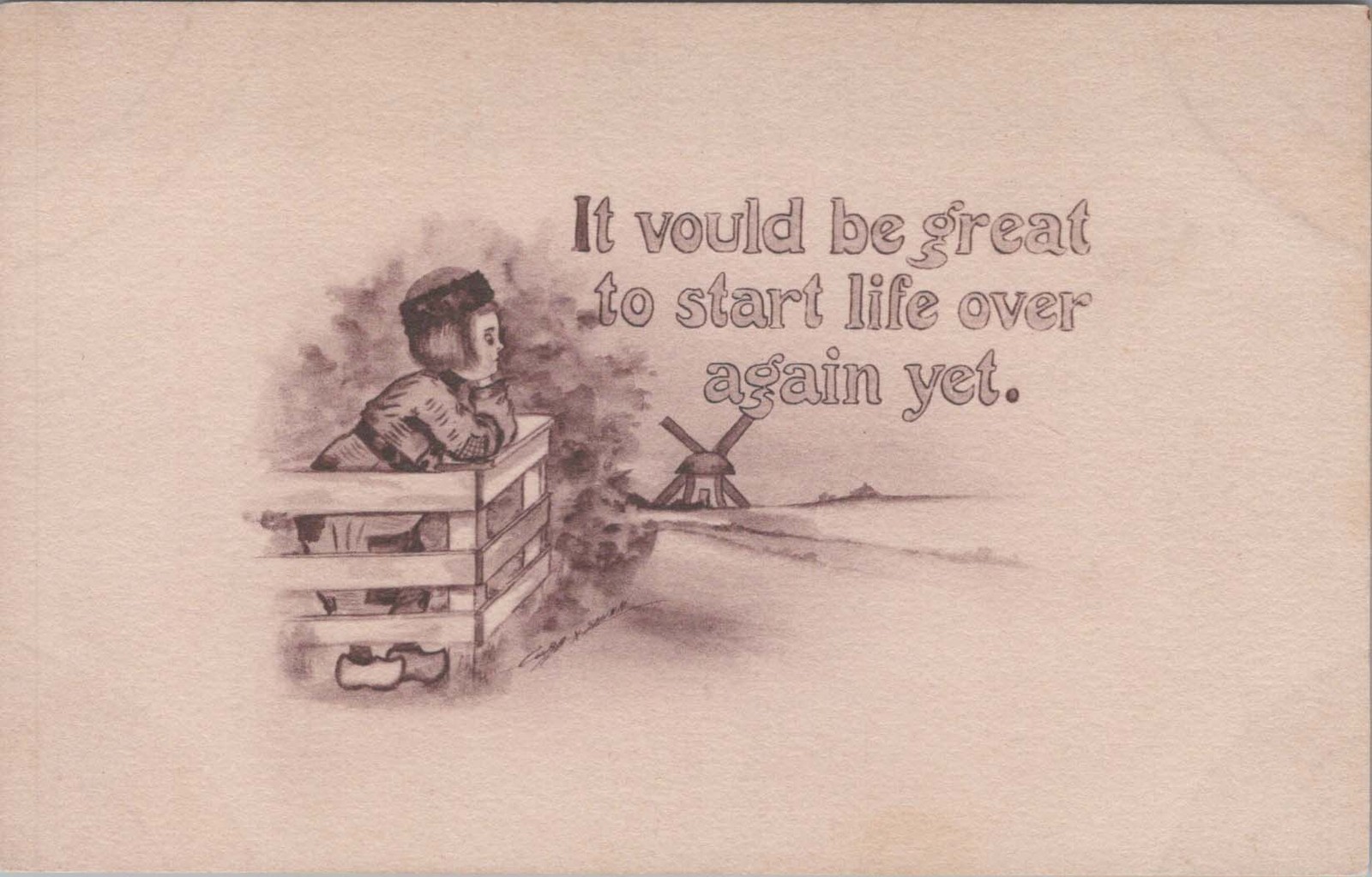 Divided Back Postcard Dutch Village Netherlands Boy at Fence Motto