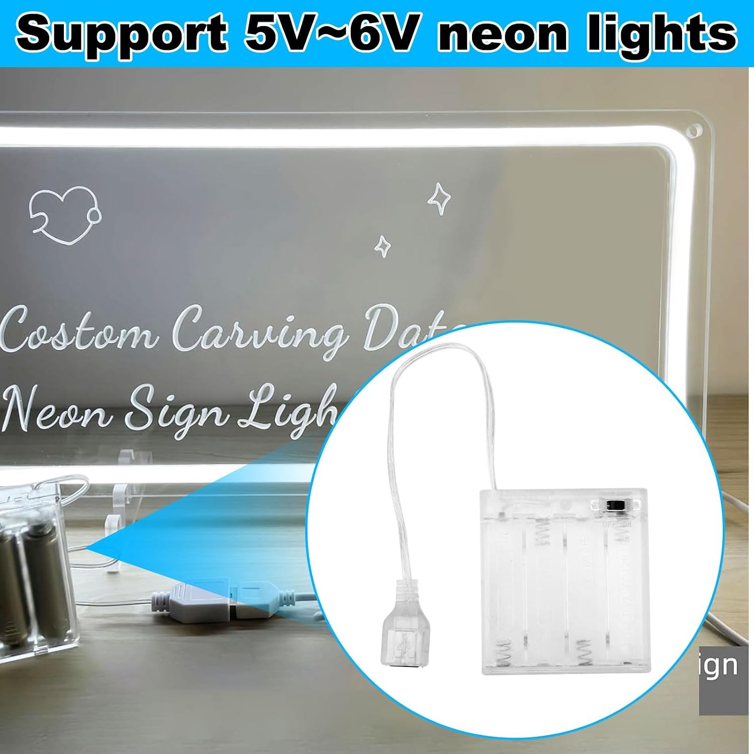 Portable Battery to USB Powered Pack for 5V-6V LED Neon Sign, Power Supply Batte