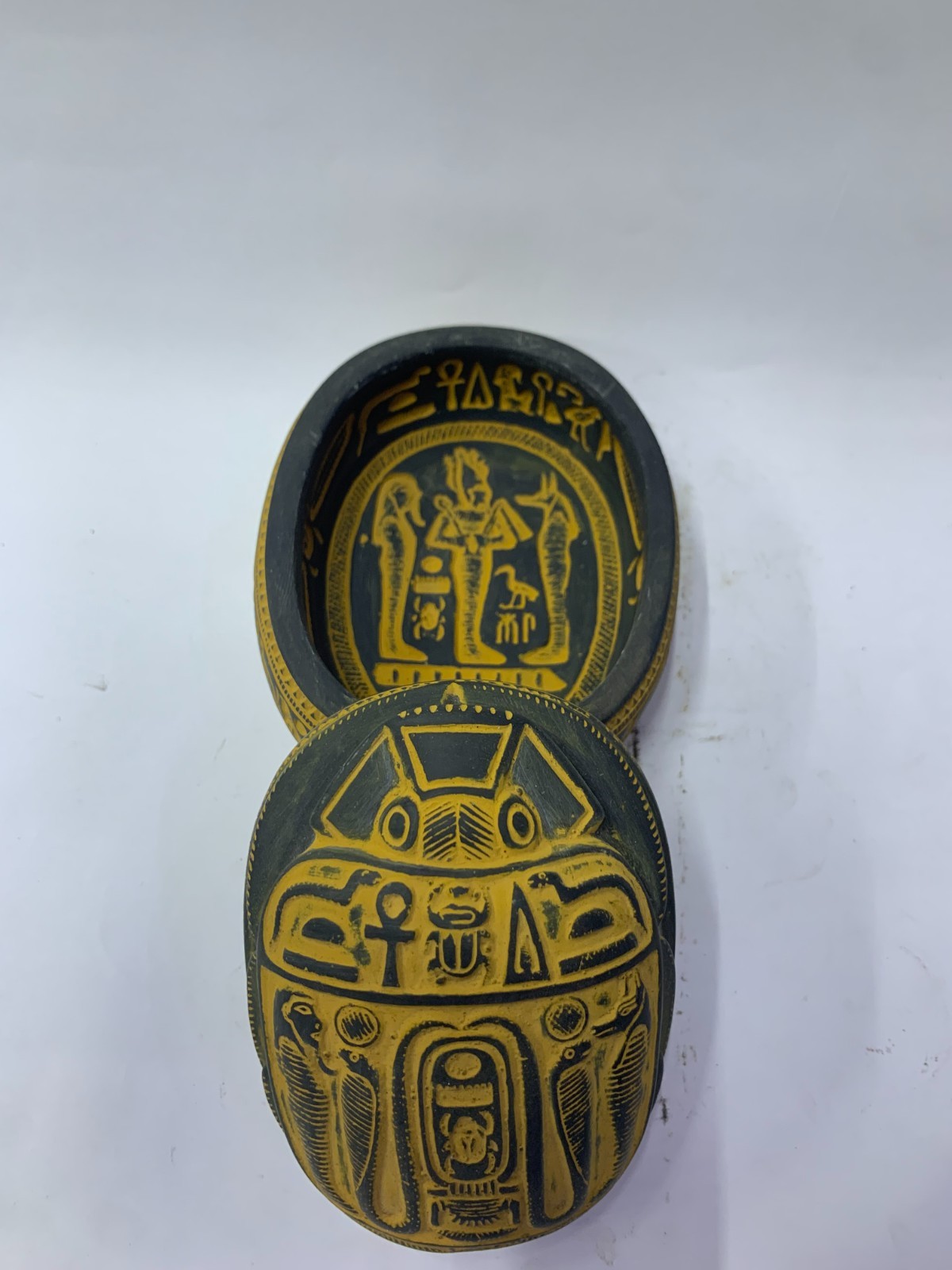 ANCIENT EGYPTIAN ANTIQUE STONE Pharaonic Scarab Jewelry Box Symbol with Anubis