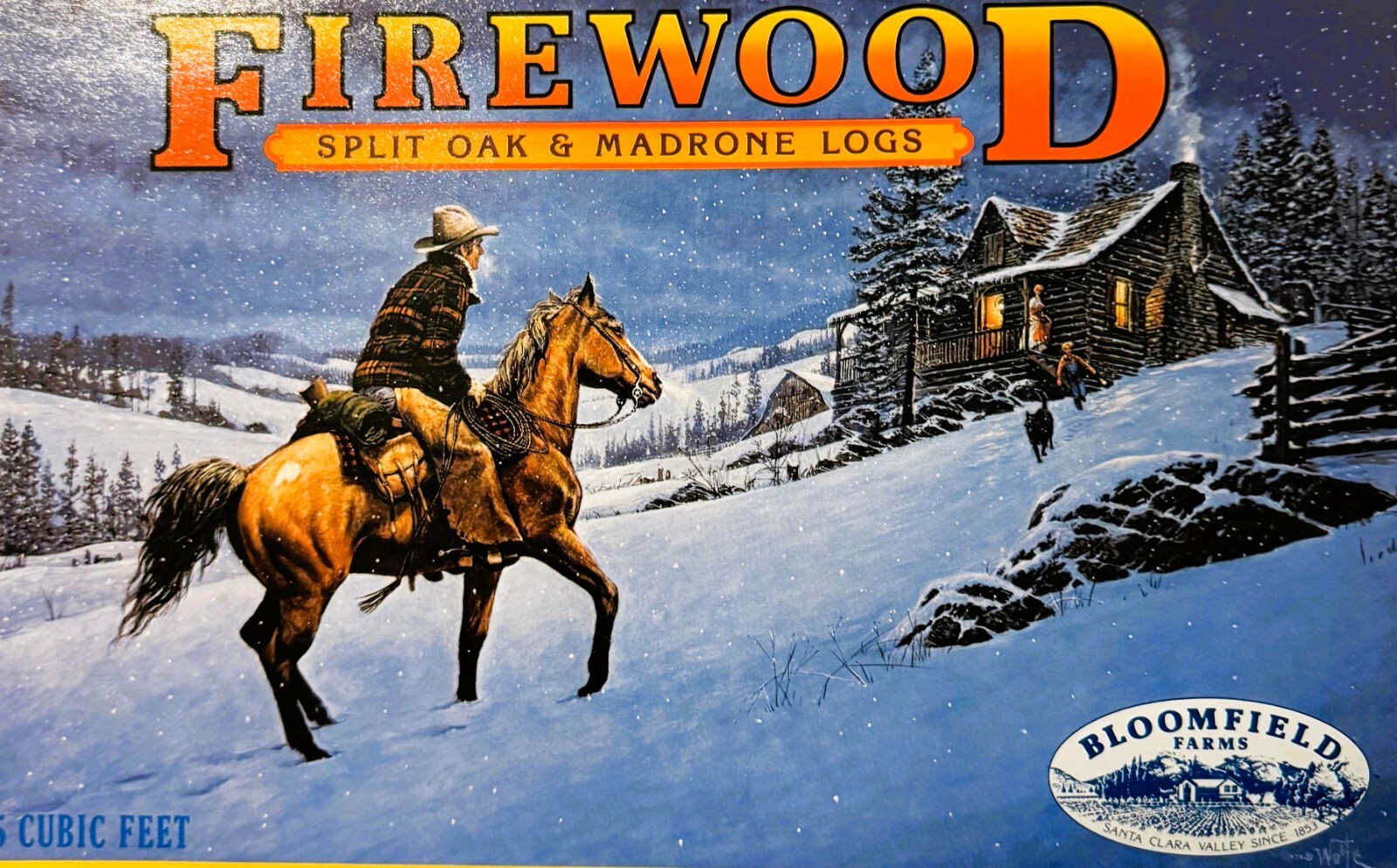 Vintage 1970s Firewood Cowboy Crate Label Santa Clara, CA Rustic Americana Decor