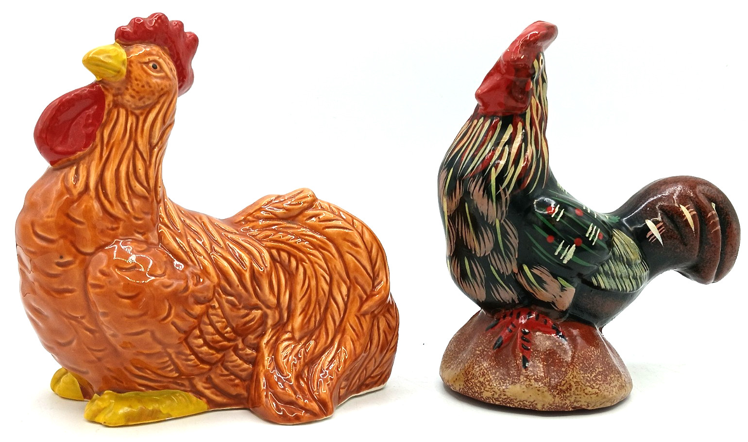 2 x Colourful Ceramic Chickens Hens Roosters Birds Figures