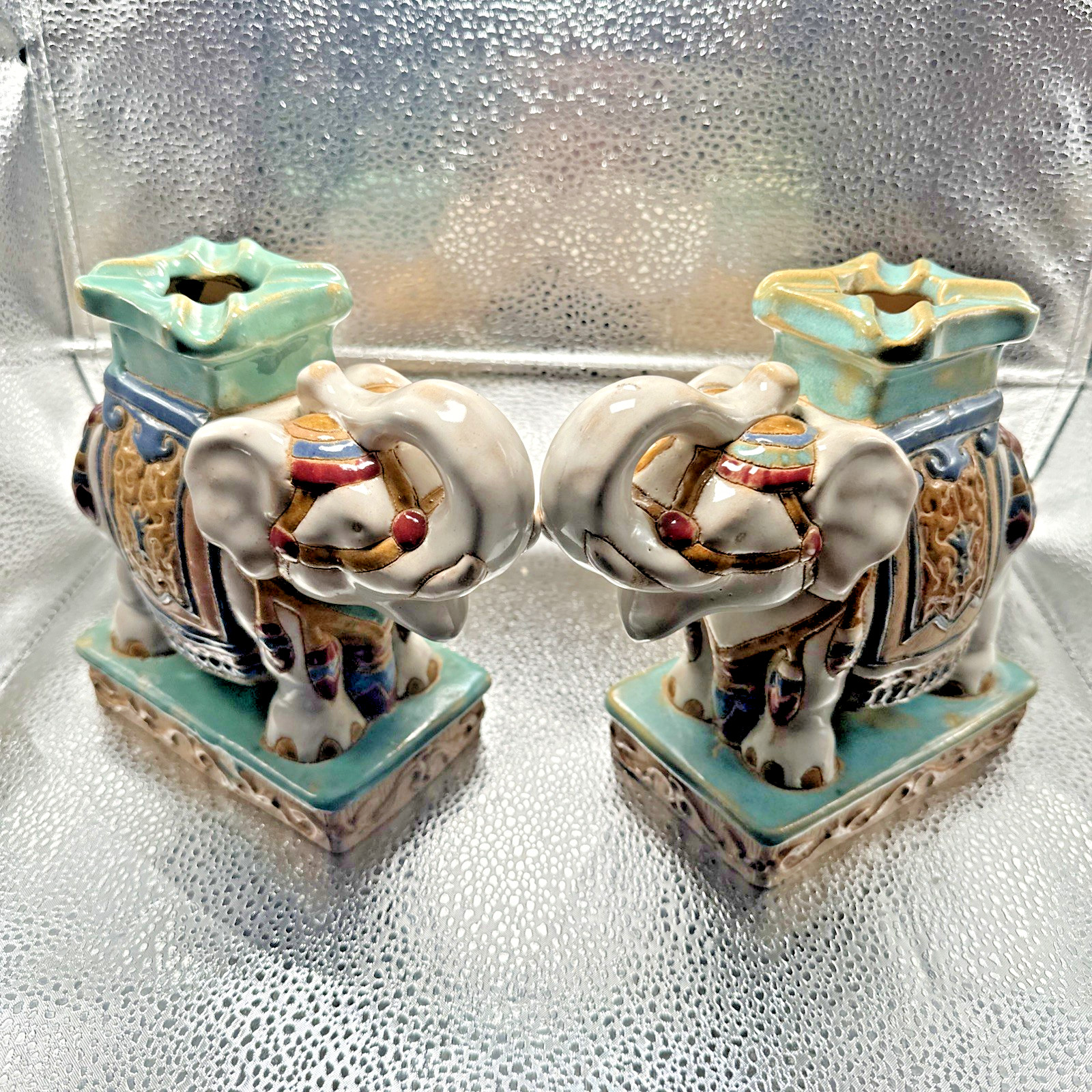 Set Of 2 Vintage Hollywood Regency Terracotta Elephant Candleholders Or Bookends