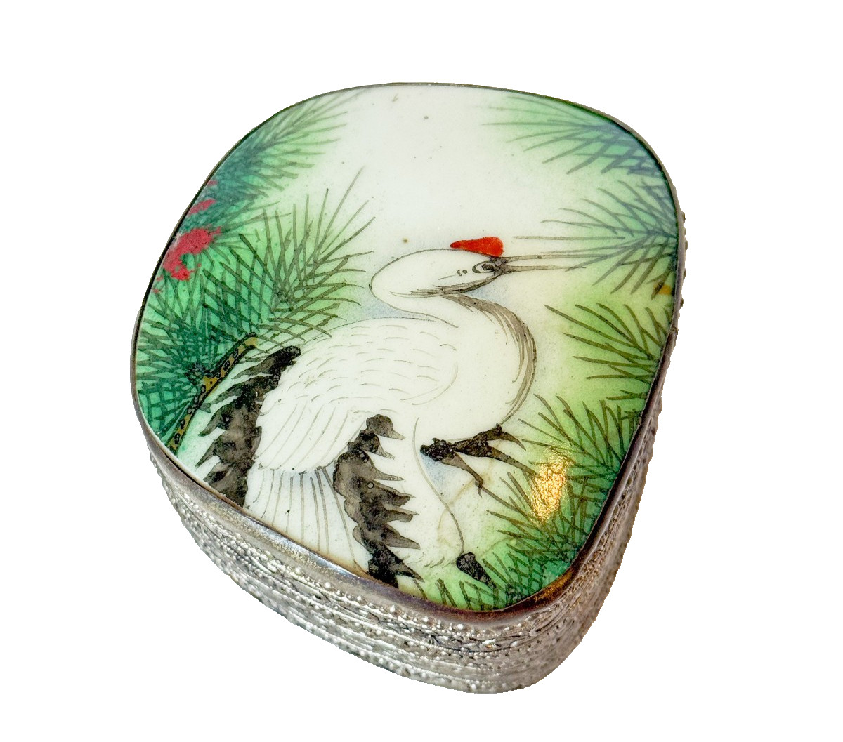 Vintage Chinese Shard Box Green White Black Crane Metal Repoussé Trinket Box