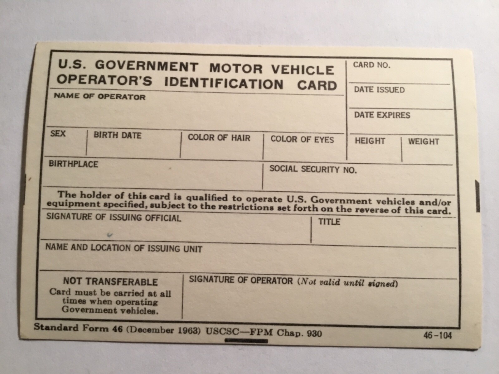 U.S. Government (1965) Motor Vehicle Operators Identification Card (NOS).