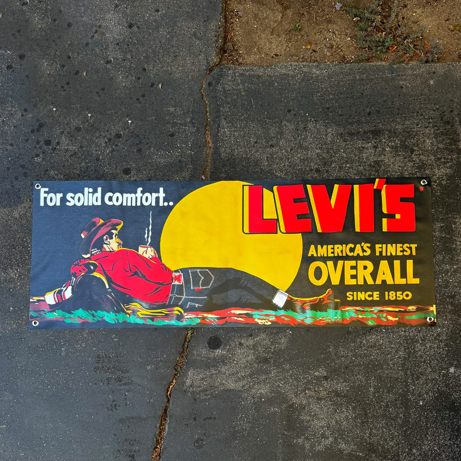 Levi’s “For Solid Comfort” Banner 4FT – Vintage Style 1930s Cowboy Ad Sign