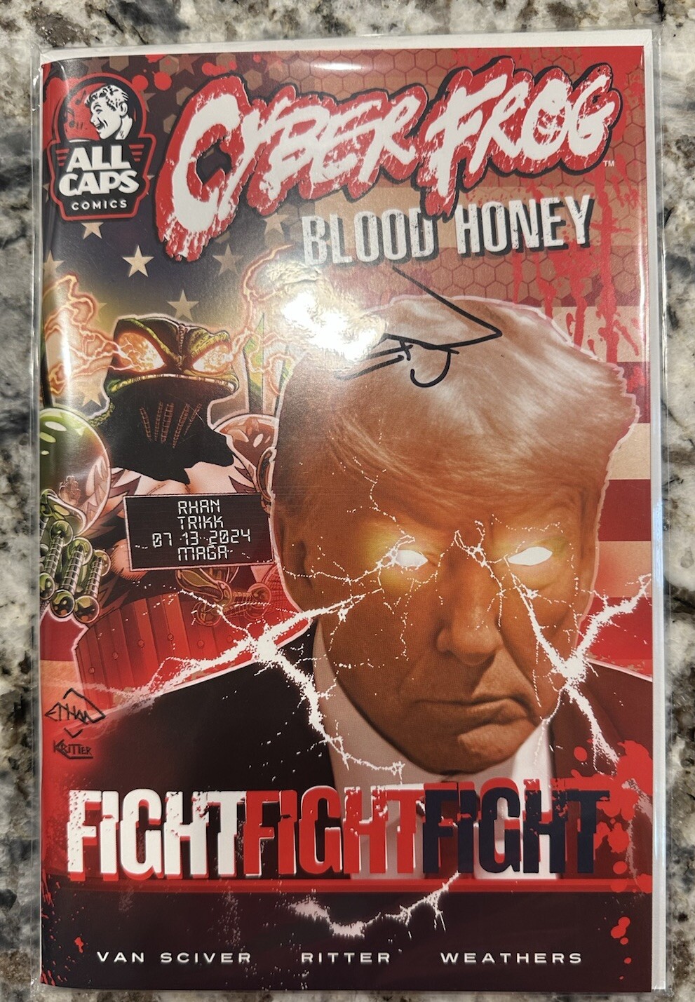 Cyberfrog Blood Honey #1 Trump Mugshot US Flag Fight Fight Red Variant – Signed!